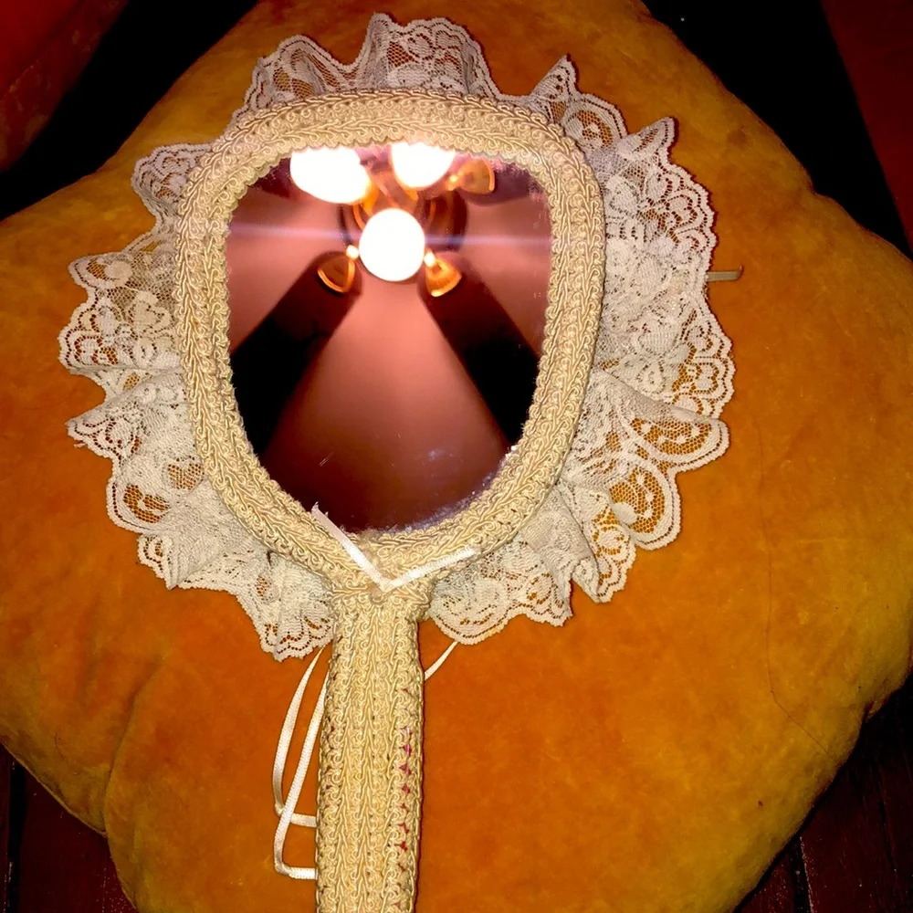 Mid-Century Antique Rose & Lace Hand Mirror